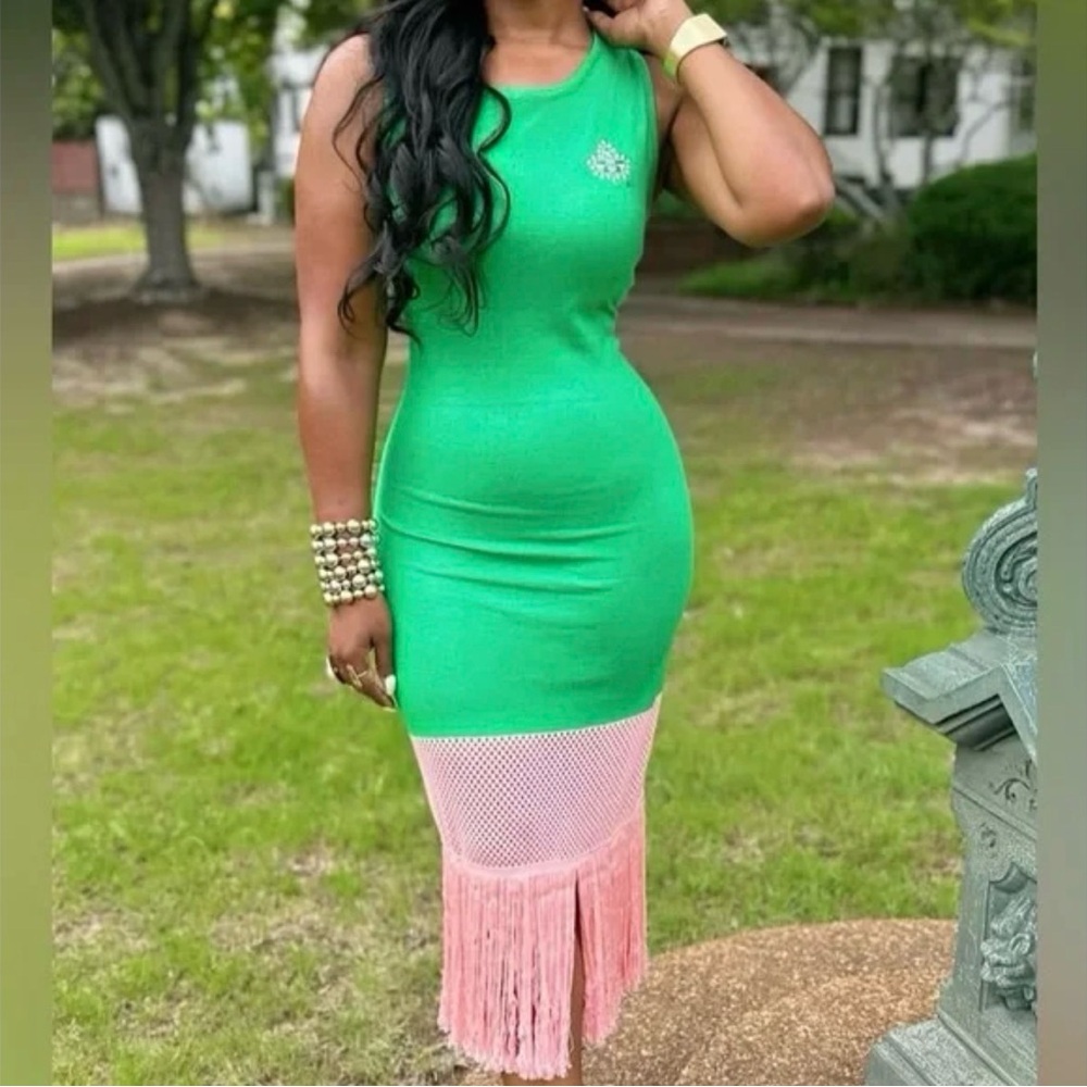 AKA Green and Pink Knitted Fringe Dress